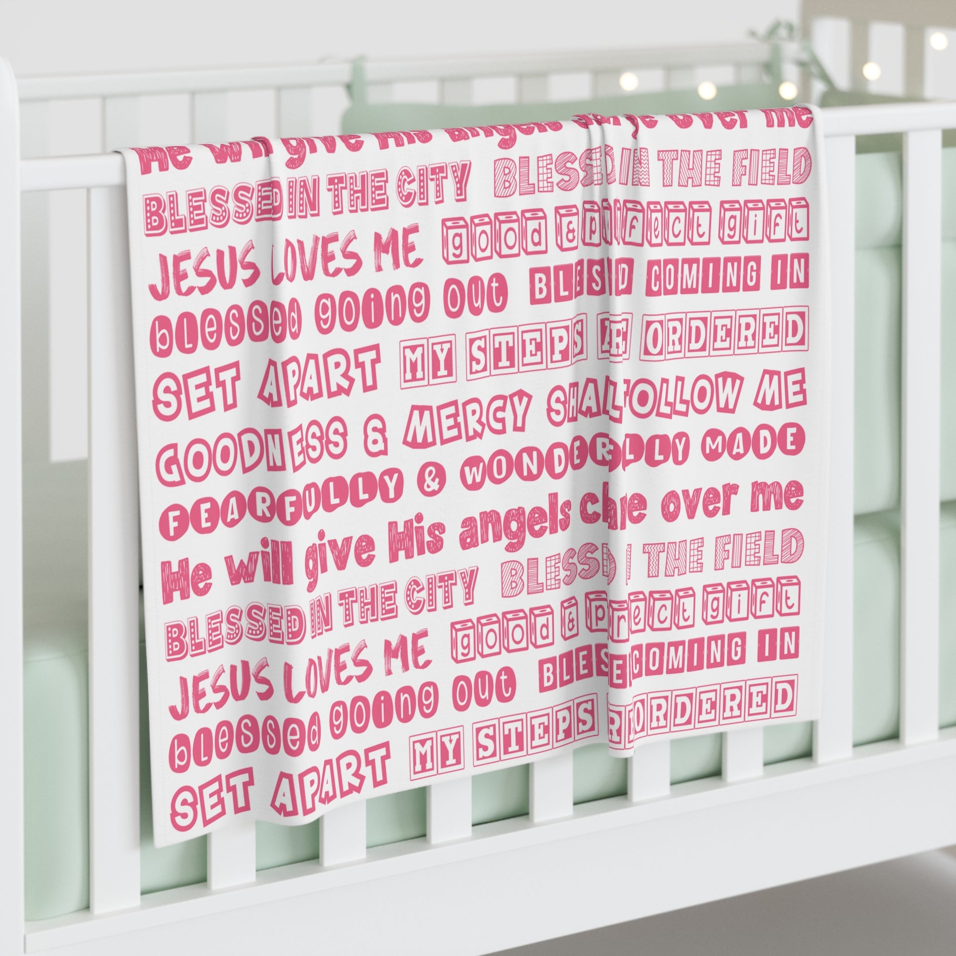 Team Jesus 365 - Baby Swaddle Blanket (Pink Letters on White Background)