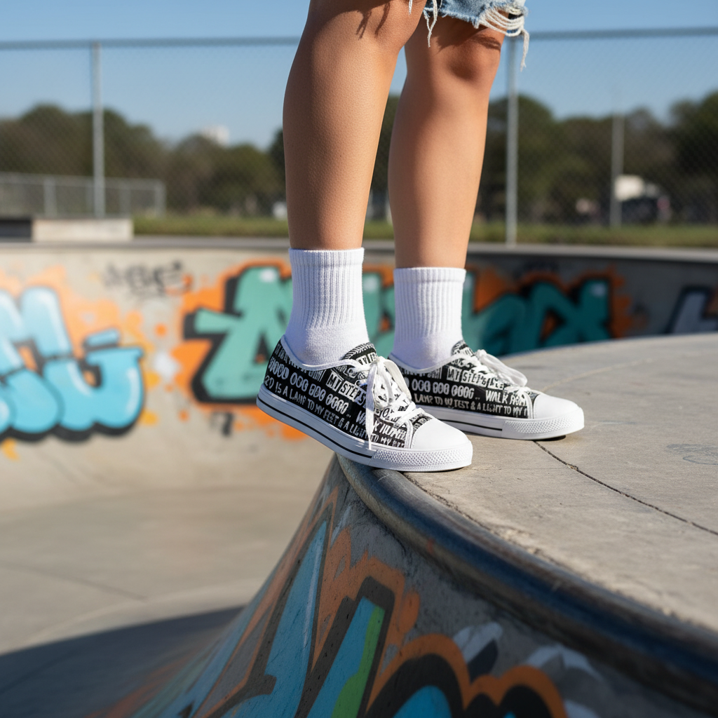 "Walk By Faith" - Women's Low Top Sneakers (Black and White)