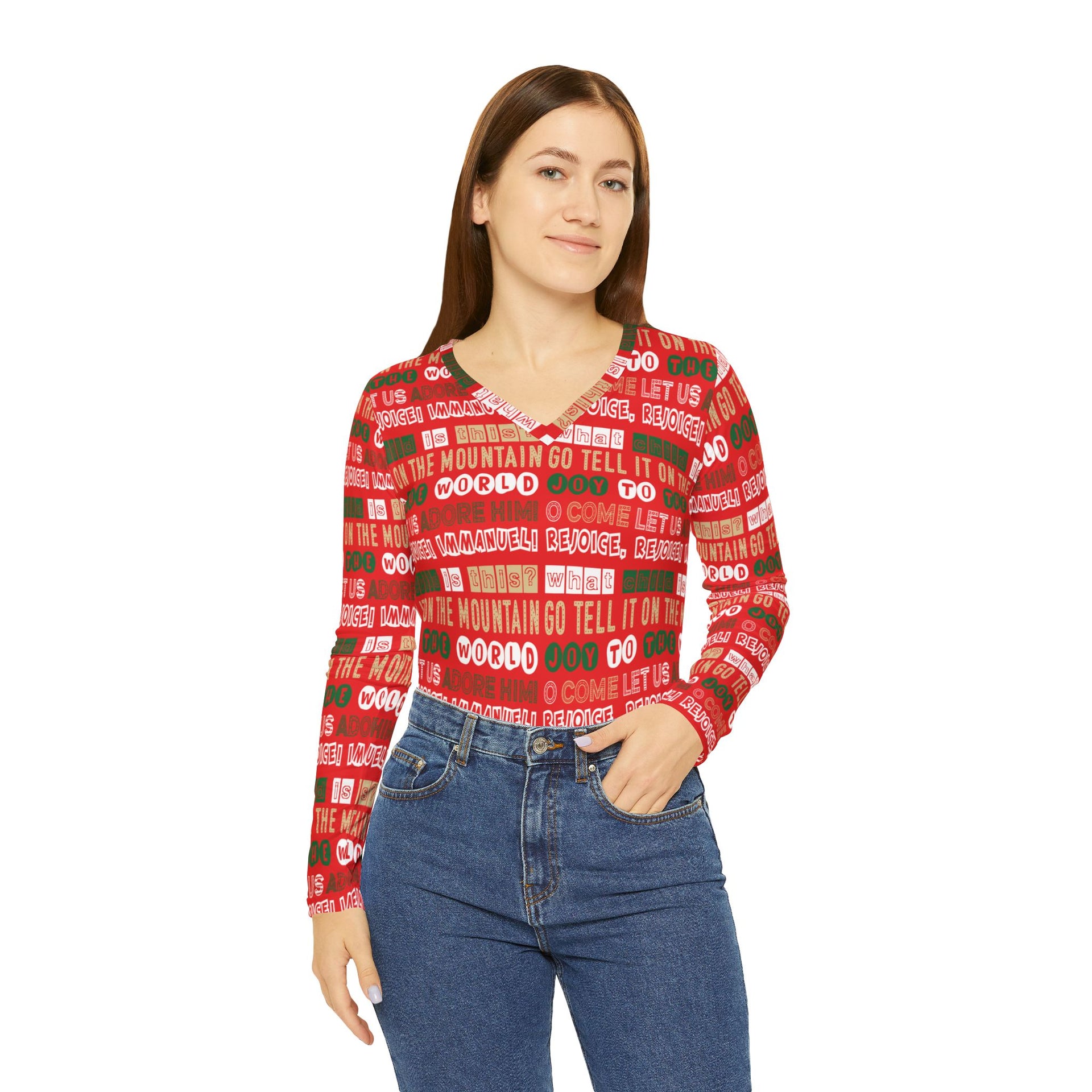 Team Jesus 365 - Christmas Long Sleeve V-neck Shirt for Women - (Jolly Red)