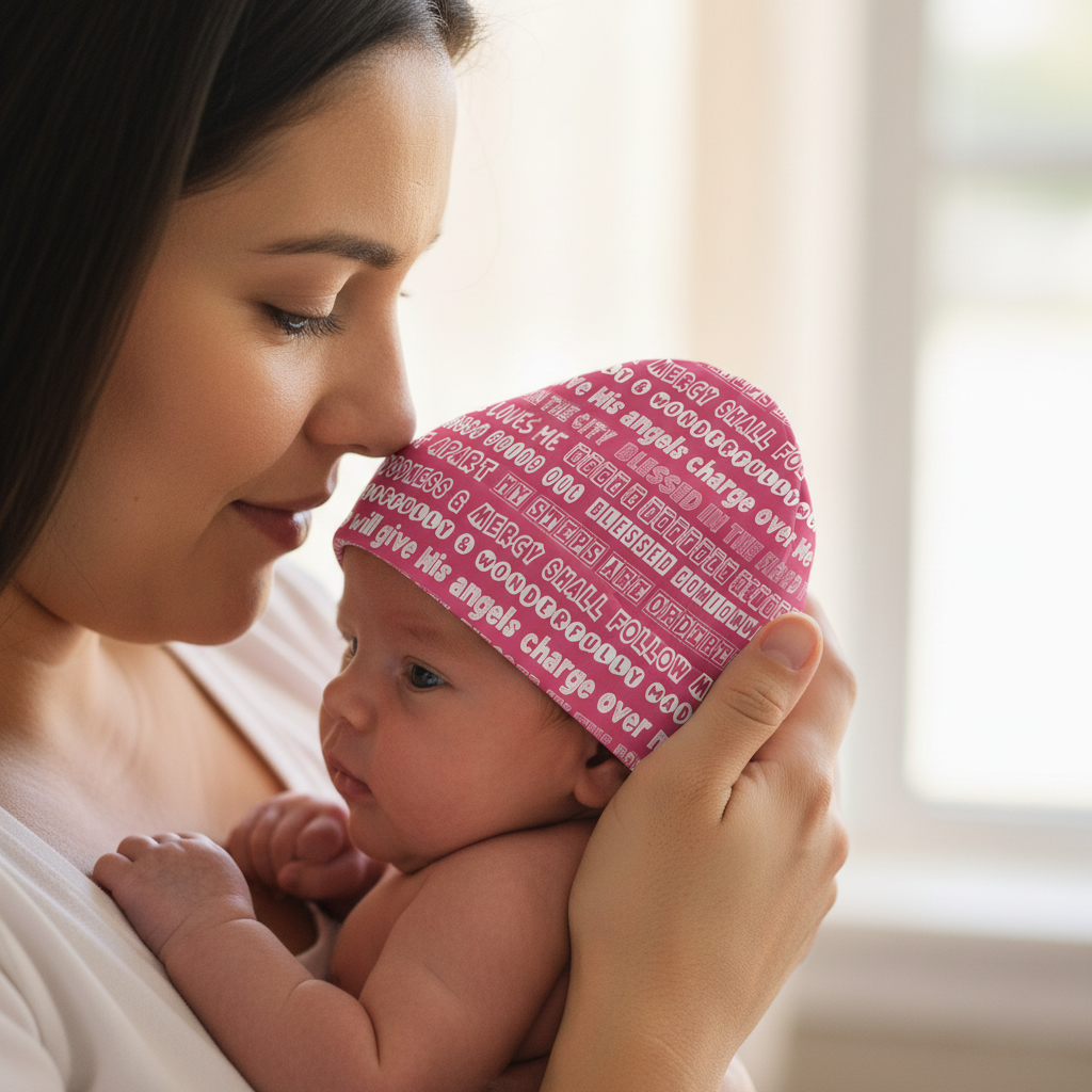 Team Jesus 365 - Baby Beanie (White Letters on Pink Background)