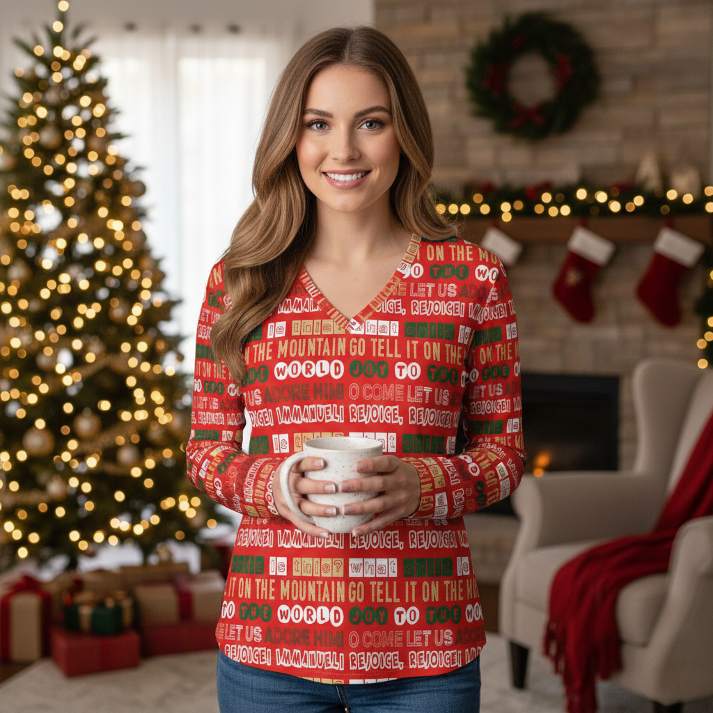 Team Jesus 365 - Christmas Long Sleeve V-neck Shirt for Women - (Jolly Red)