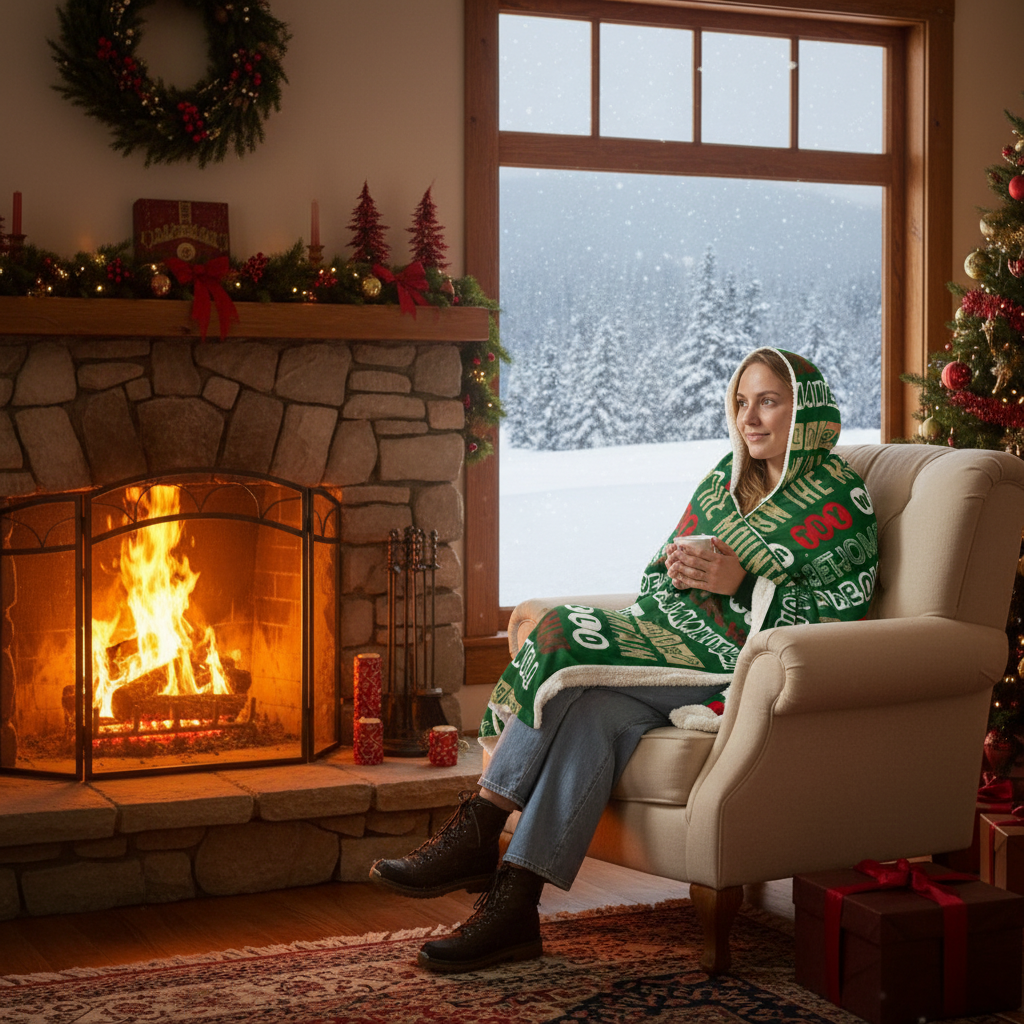 Woman wearing green snuggie, sitting in a cozy living room with a fireplace and Christmas decorations.