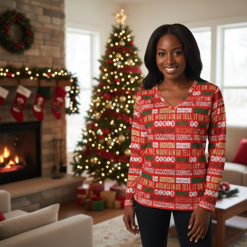 Team Jesus 365 - Christmas Long Sleeve V-neck Shirt for Women - (Jolly Red)