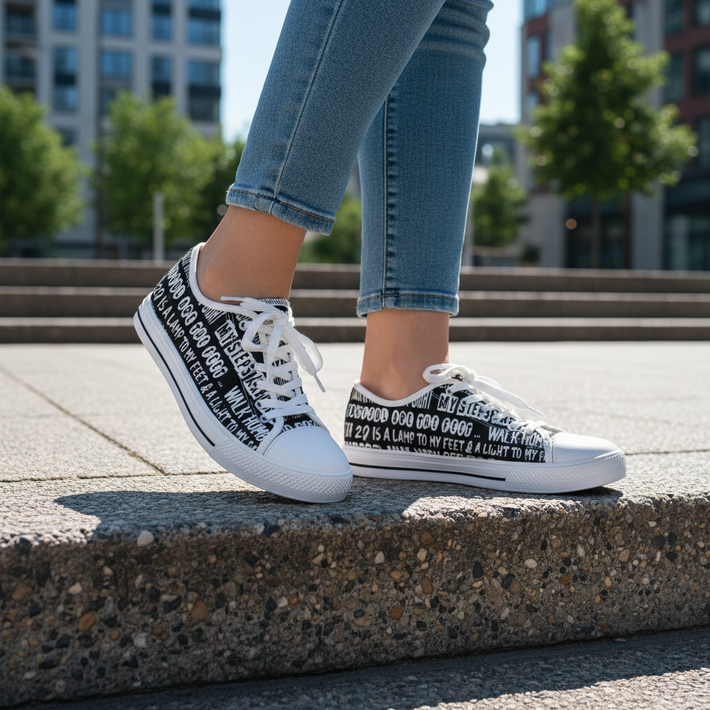 "Walk By Faith" - Women's Low Top Sneakers (Black and White)