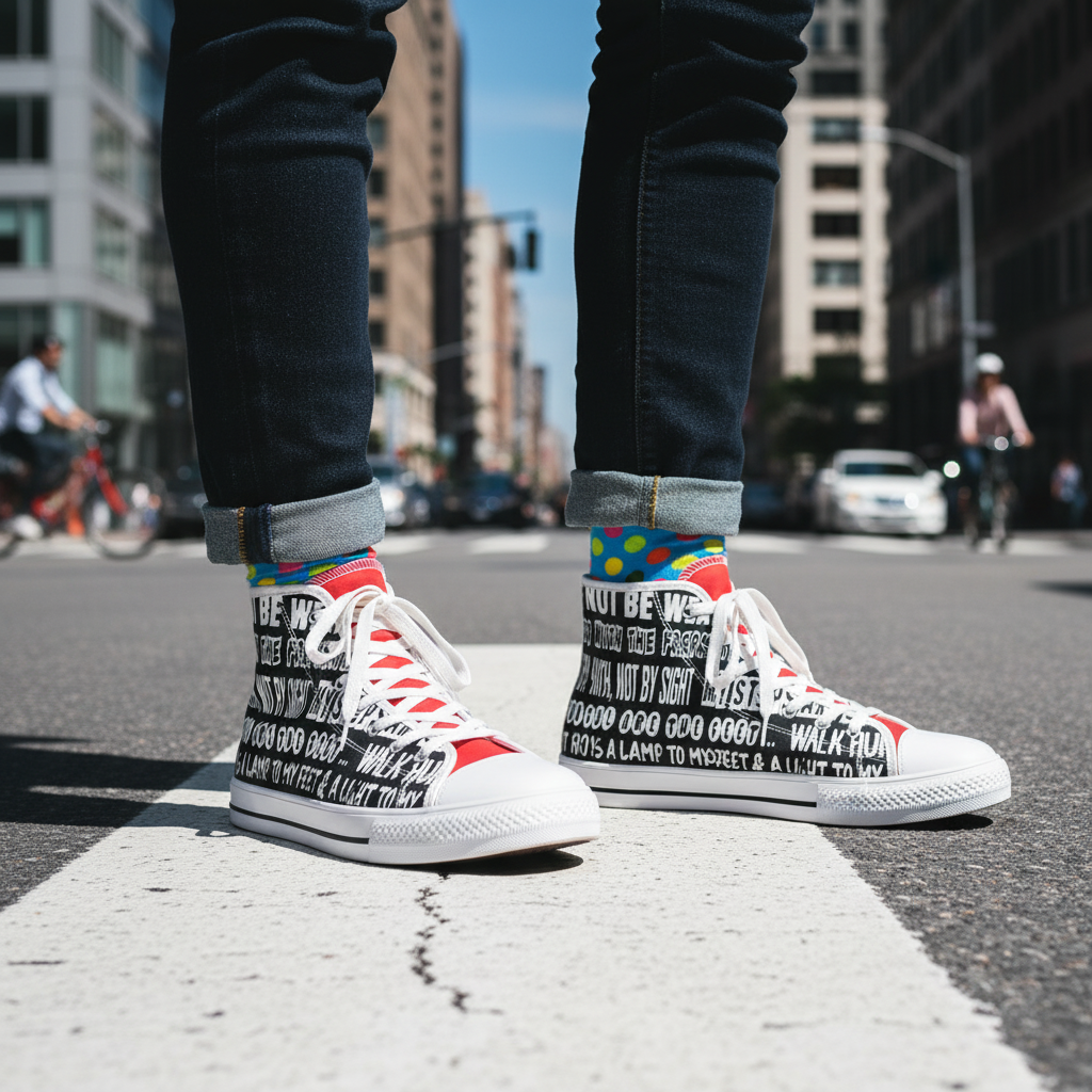 "Walk by Faith - Women's High Top Sneakers (Red and Black)