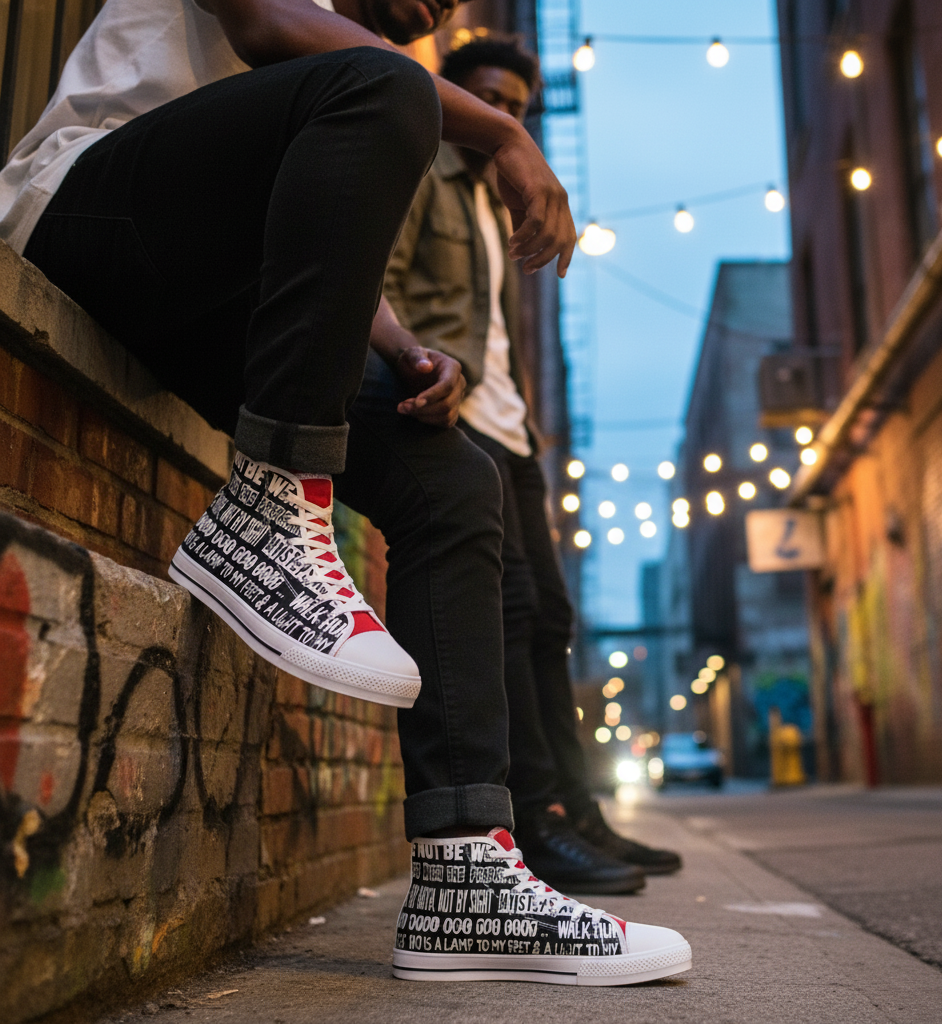 "Walk by Faith" -  Men's High Top Sneakers for Men (Red and Black)